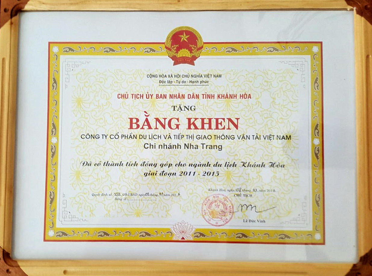 Vietravel Nha Trang vinh dự nhận bằng khen thành tích  đóng góp cho ngành du lịch Khánh Hòa (2011 - 2015)